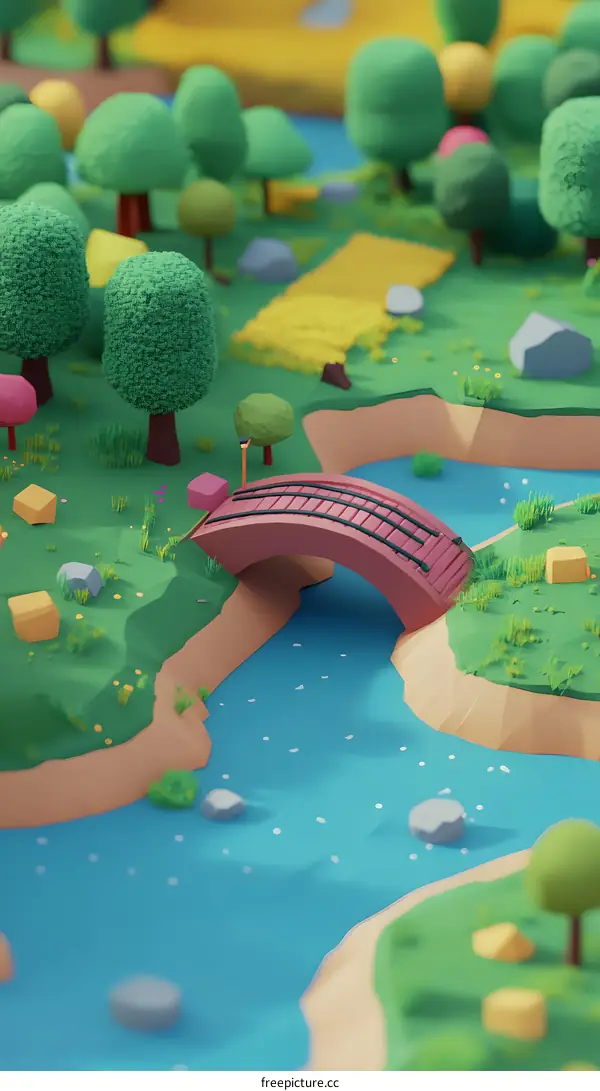 Low Poly Illustration of a Bridge over a River in a Forest