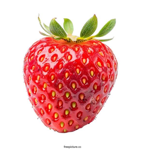 [Transparent Background PNG]Fresh Red Strawberry With Green Leaves Isolated on White Background