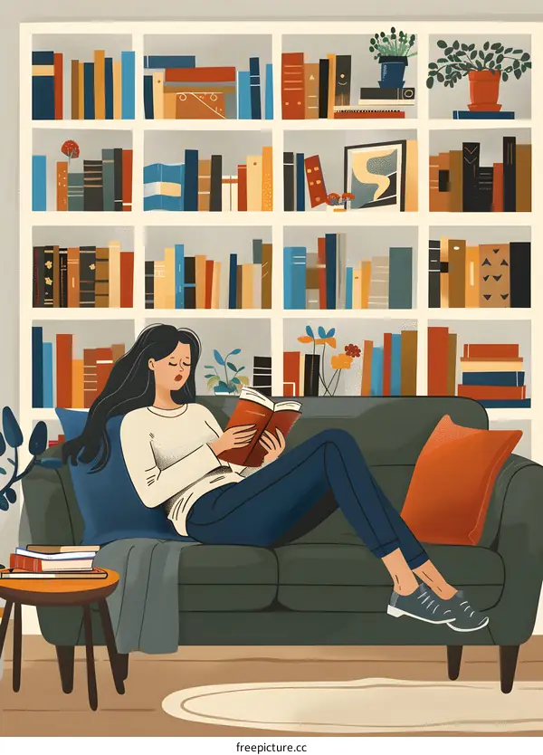 Woman Relaxing on a Couch With Bookshelves in the Background