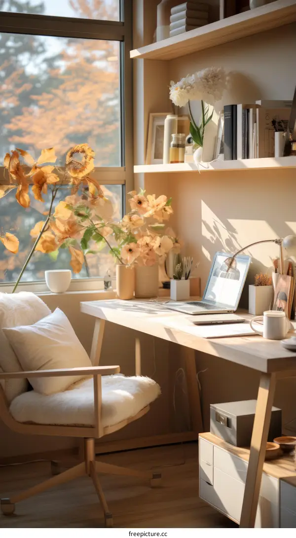 Home office with a beautiful fall view