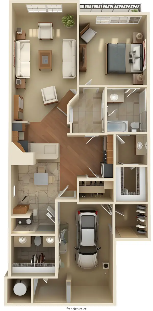 Modern House Floor Plan with Garage and Balcony