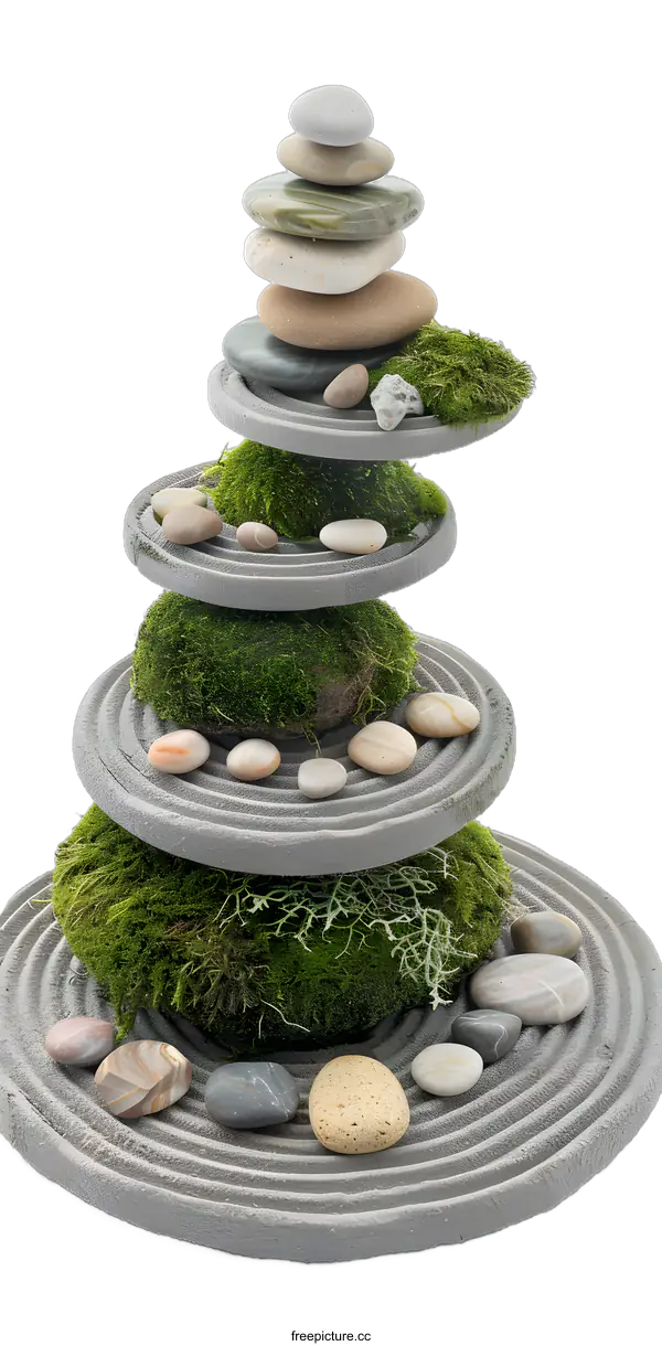 [Transparent Background PNG]Zen Garden with Stacked Stones and Moss