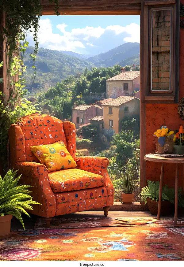 Cozy Armchair with View of Countryside and Mountain Range