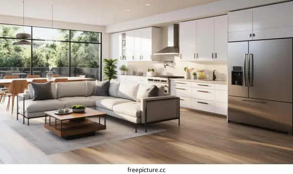 Modern Living Room and Kitchen with Couch, Coffee Table, Dining Table, Chairs, Plants, and Kitchen Island
