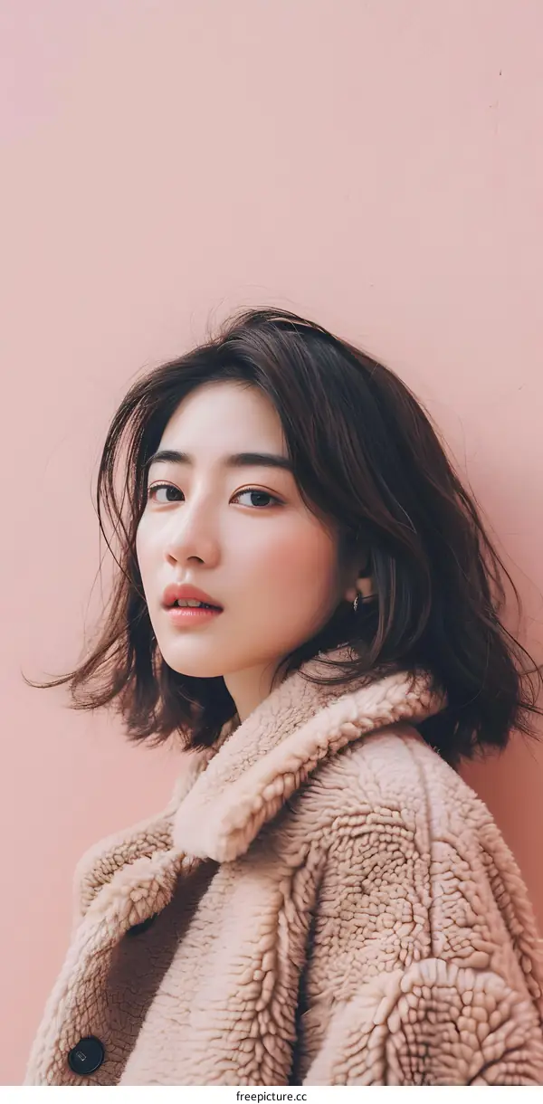 Portrait of a Young Woman Wearing a Fur Coat Against a Pink Wall