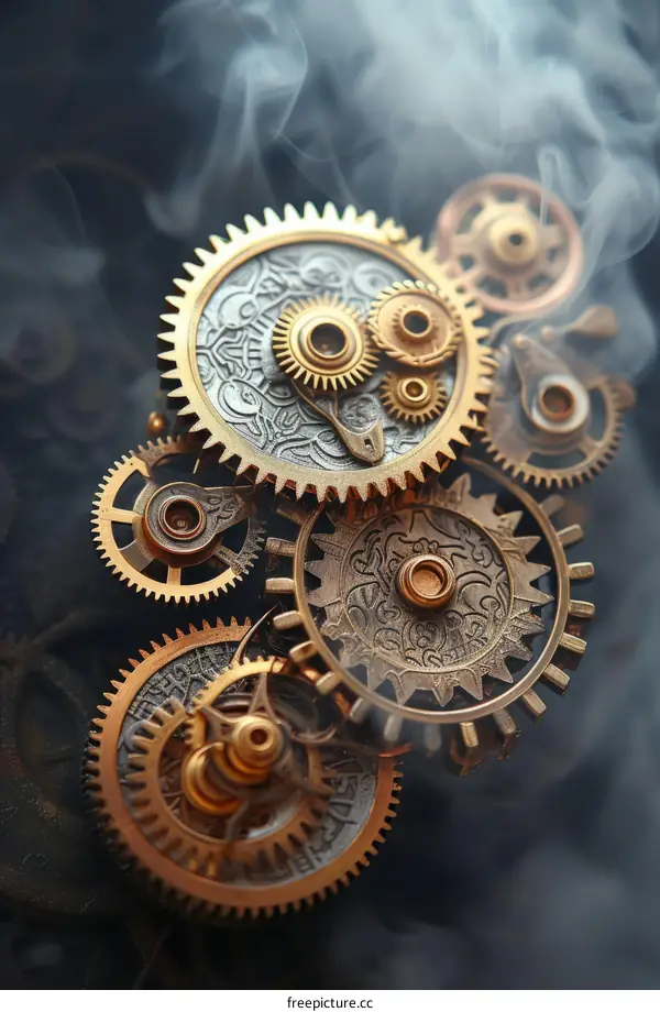 An illustration of a steampunk gear train with smoke