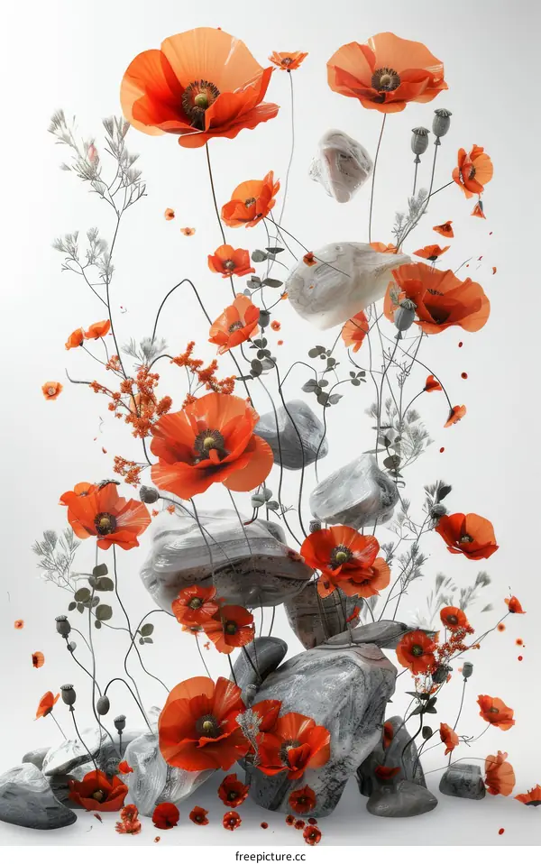 Orange poppies with grey rocks
