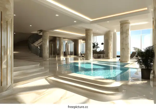 Luxury Indoor Pool with Marble Columns and Staircase