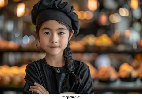 Little girl in chef uniform standing with arms crossed in bakery