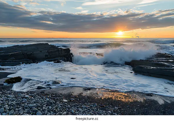 Sunset Over the Ocean with Waves Crashing on Rocks