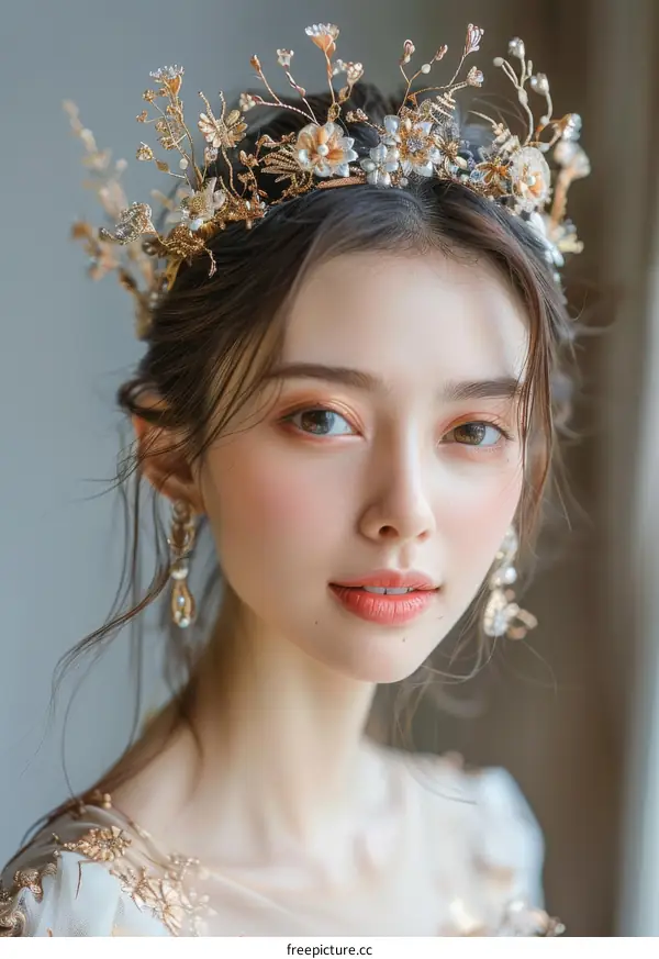 Portrait of a young Asian woman wearing a golden headpiece