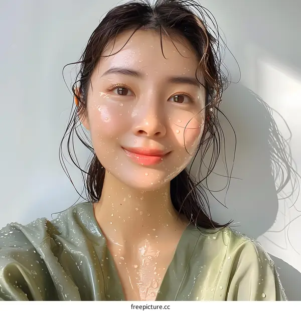 Close-up portrait of a beautiful young Asian woman with wet hair and a natural smile on her face