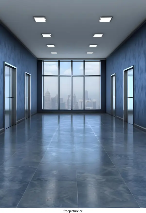 Empty Hallway with Large Window and Cityscape View