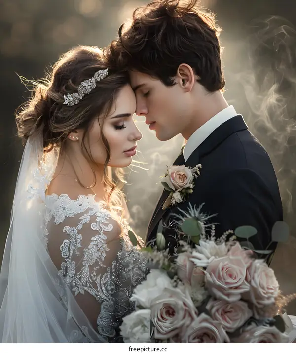 A beautiful bride and groom pose for a photo on their wedding day.