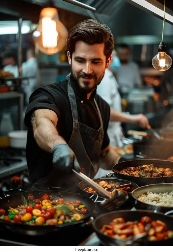 Young male chef is cooking in a restaurant kitchen