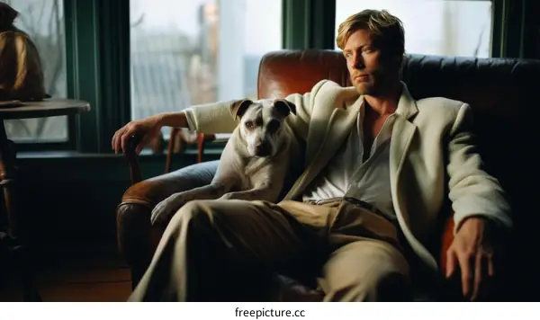 A man and his dog are sitting on a couch