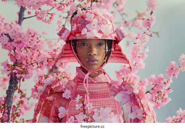 A young woman wearing a pink samurai helmet and armor stands in a field of cherry blossoms.