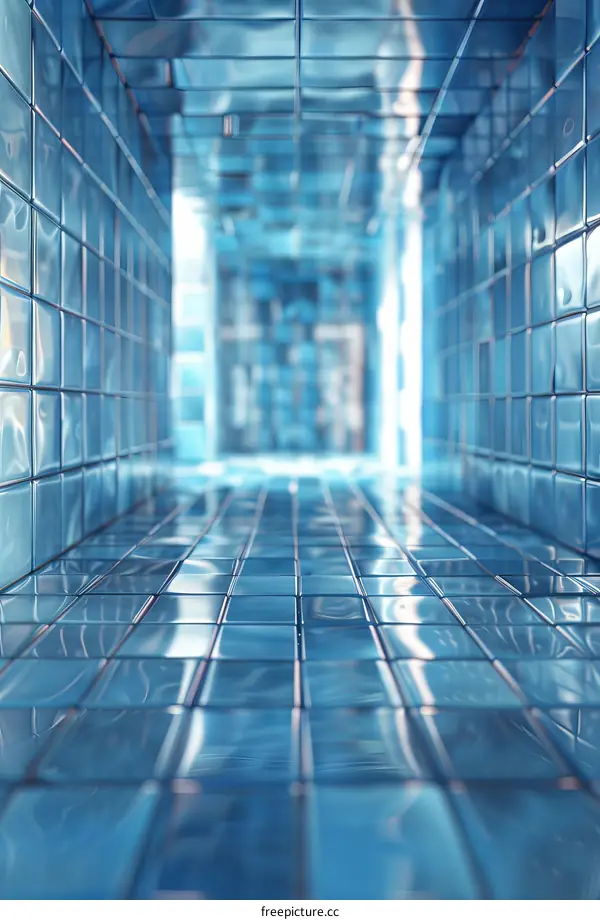 Blue and white square tiles form a futuristic tunnel