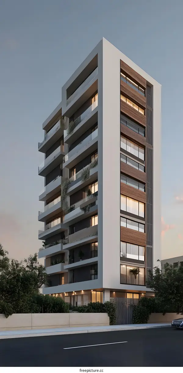 Modern Apartment Building with Balconies and Wood Paneling