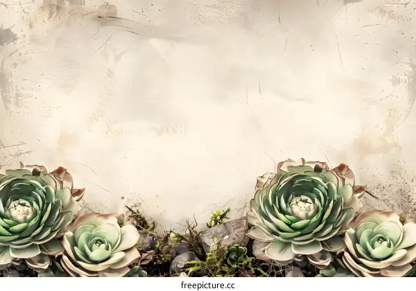 Vintage Floral Background with Green Succulents and Stone Texture