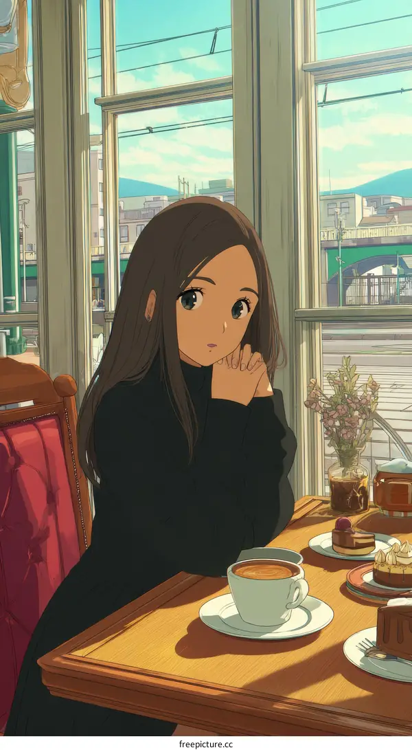 Anime Girl Enjoying Coffee in a Cafe