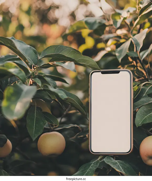 Gold Smartphone Mockup with White Screen in Green Apple Tree