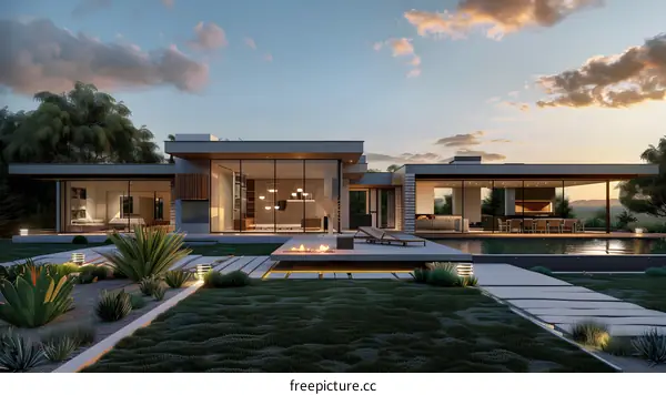 Modern House with Pool and Fire Pit in Desert Landscape