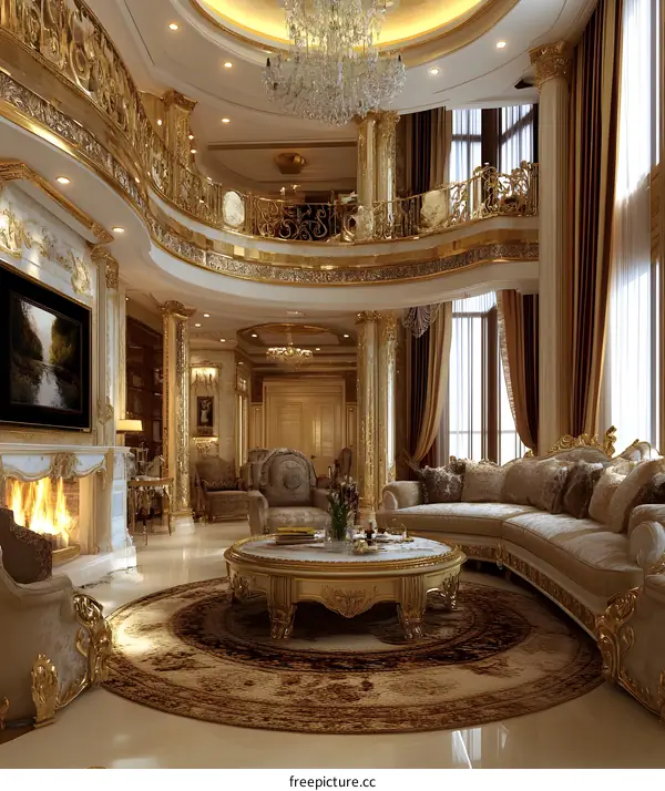 Luxury Interior Design Living Room With Golden Accents And Fireplace