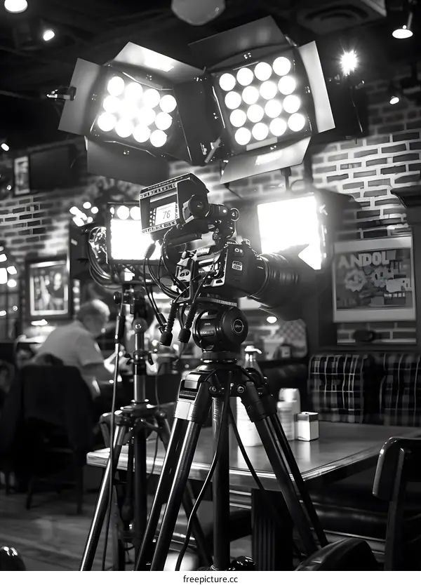 Black and White Photo of a Camera on a Tripod in a Restaurant