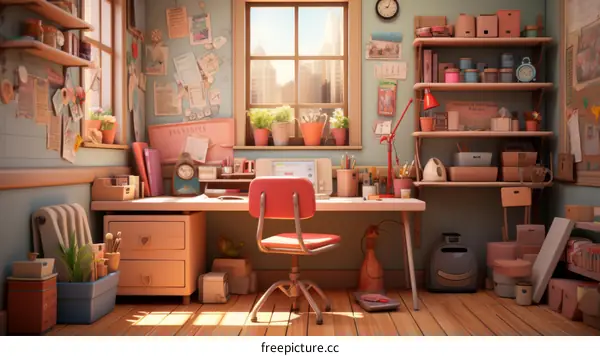 Cozy home office with large windows and lots of plants