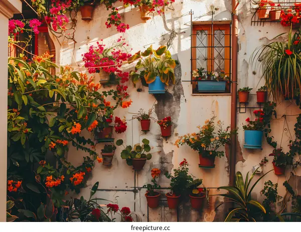 Wall of Flowers and Plants in a European Courtyard