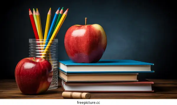 Red apple and color pencils on a desk