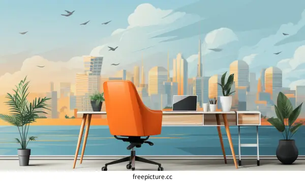 Illustration of a modern city with a desk and chair in the foreground