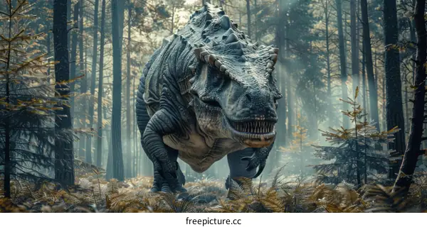 A Majestic T-Rex Roaming through a Lush Forest