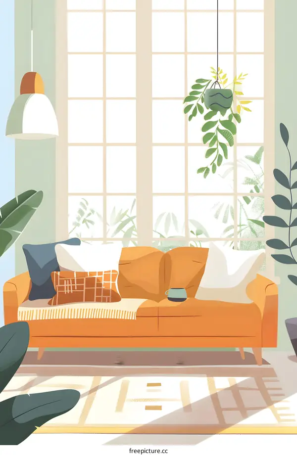 Cozy Living Room Interior Design with Orange Sofa and Plants