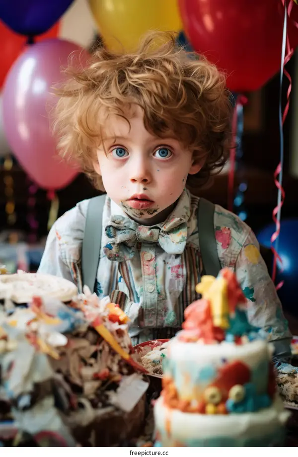 Portrait of a redheaded boy covered in cake icing