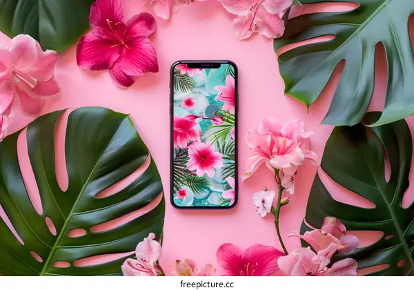 Pink Background with Phone and Tropical Flowers