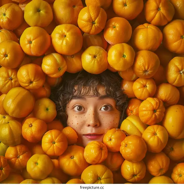 A young woman with curly hair and freckles is surrounded by a pile of oranges.