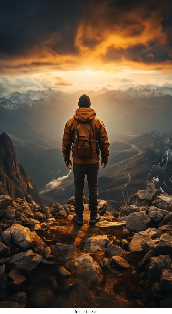 Man standing on a mountaintop overlooking a valley