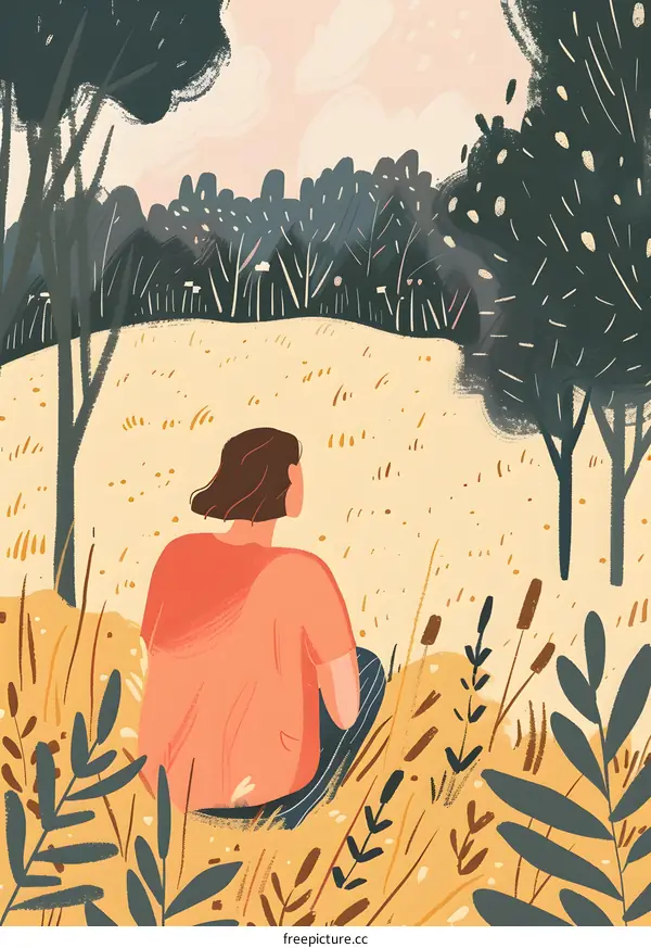 Woman Sitting in a Field of Grass and Trees