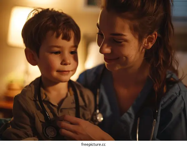 Little boy being examined by a smiling female doctor