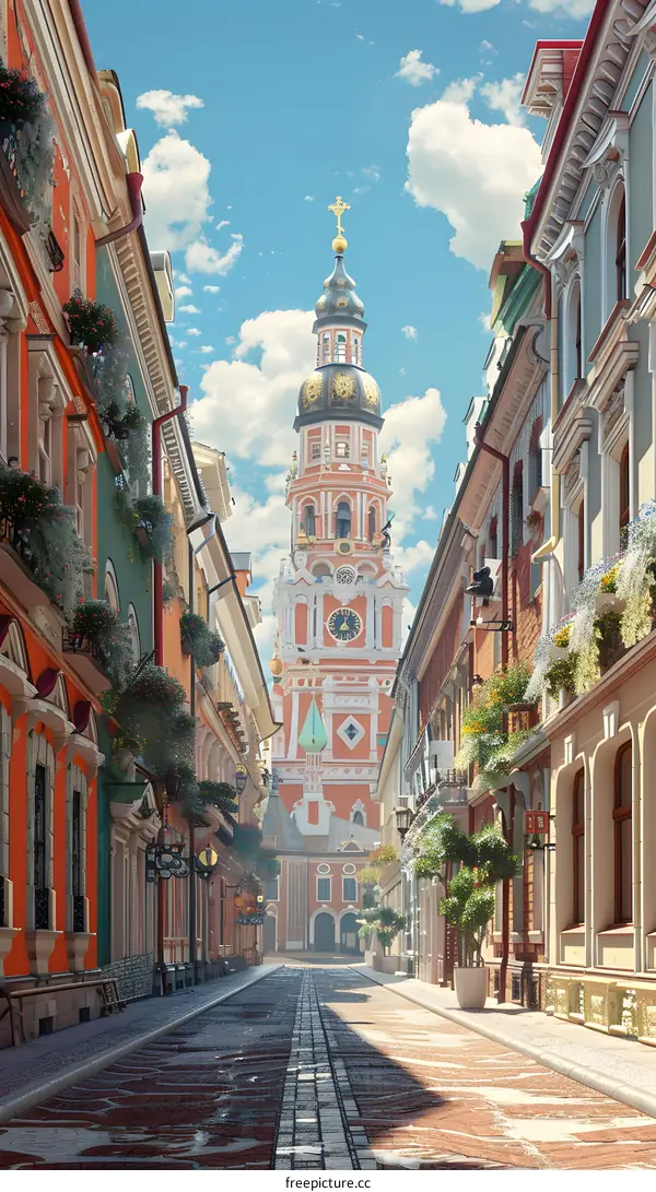 The colorful street with a tower in the middle