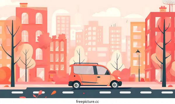 Red Van Driving on City Street Illustration