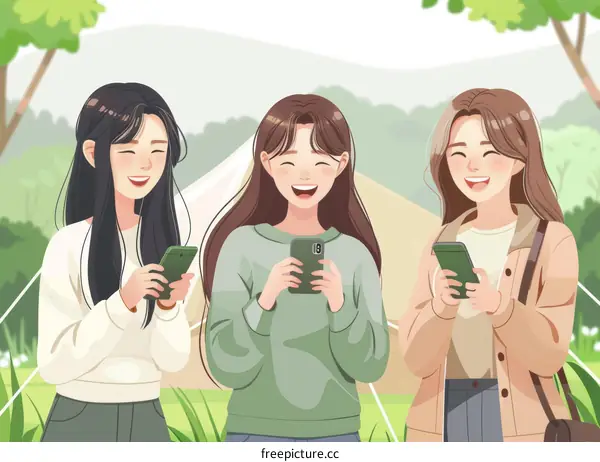 Three young Asian women standing in front of a tent and looking at their phones