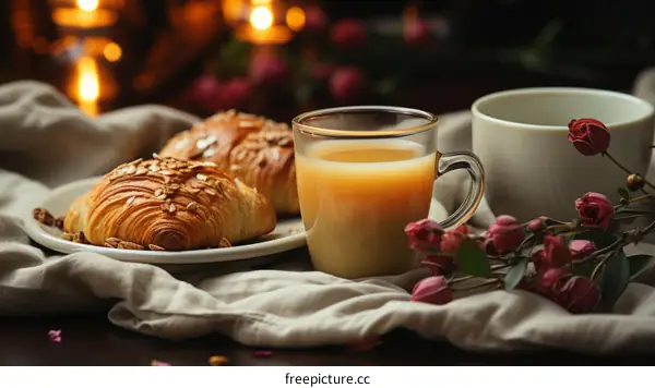 A delicious breakfast with croissants, coffee, and roses