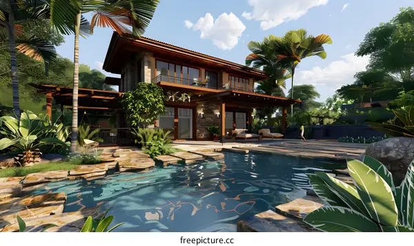 Tropical House with Swimming Pool and Palm Trees
