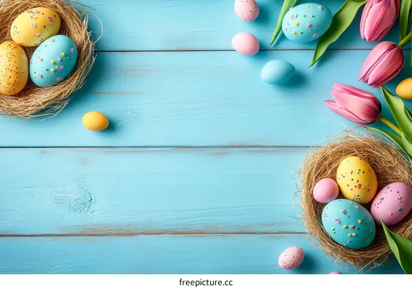 Easter Eggs in a Nest on a Light Blue Wooden Background