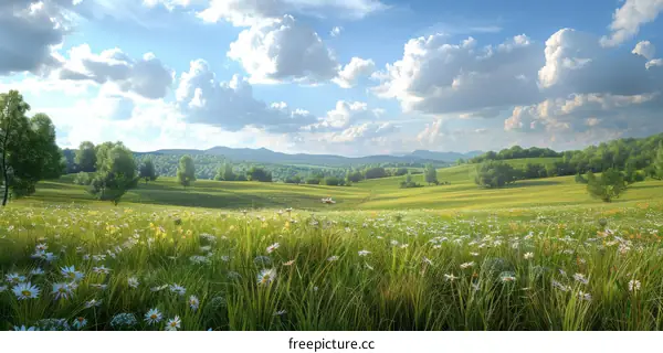 Rolling Green Hills with White Clouds in a Blue Sky