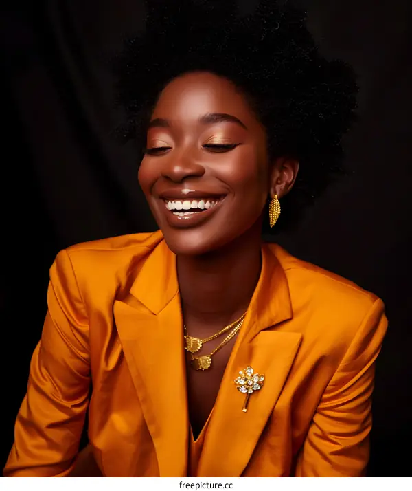 Portrait of Black Woman Wearing Orange Blazer and Jewelry