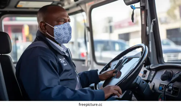 A bus driver wearing a mask is driving a bus